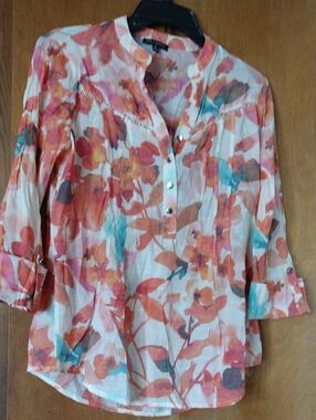 Ava & Grace Coral, Teal & Cream Floral Button-Front Blouse